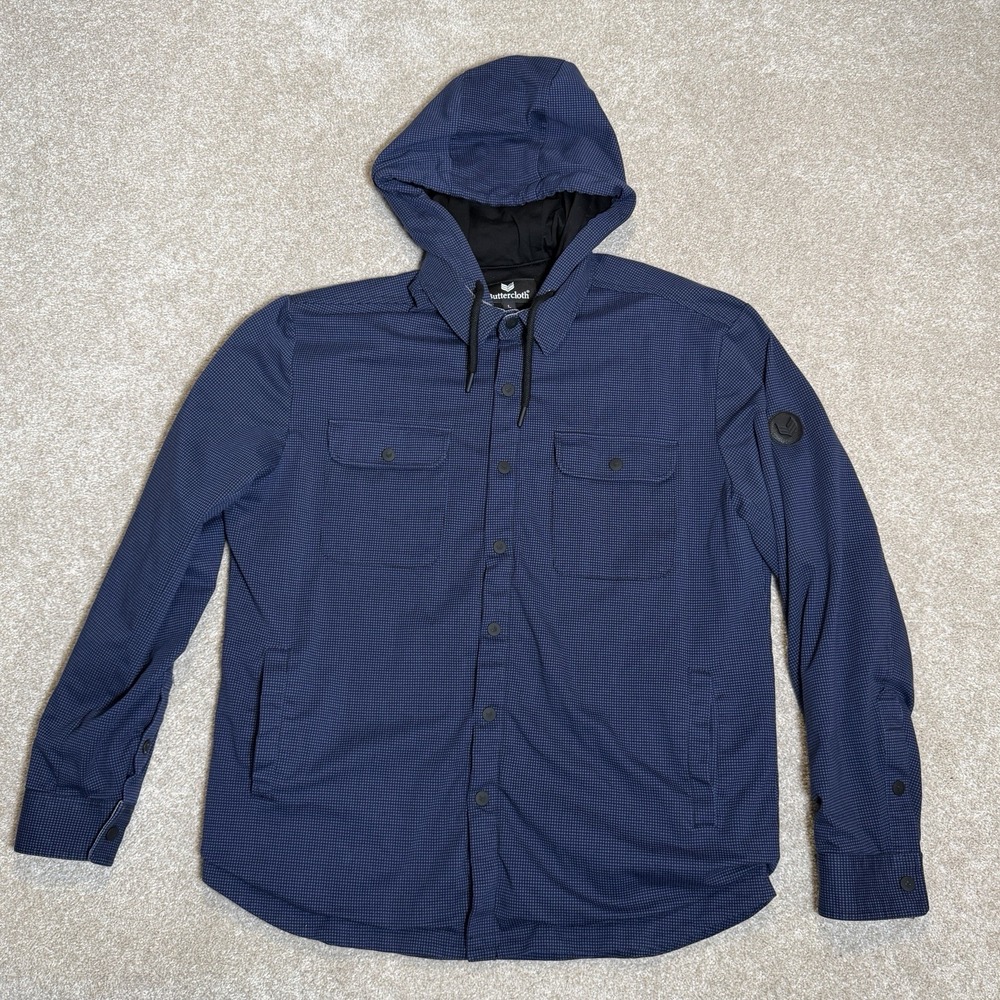 Butter Cloth Shacket Mens Large Blue Geometric Full Snap Stretch Lined Hooded‎